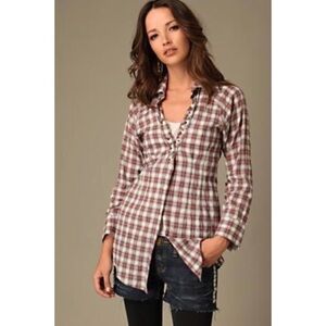 Free People Red and White Plaid Button Down Shirt